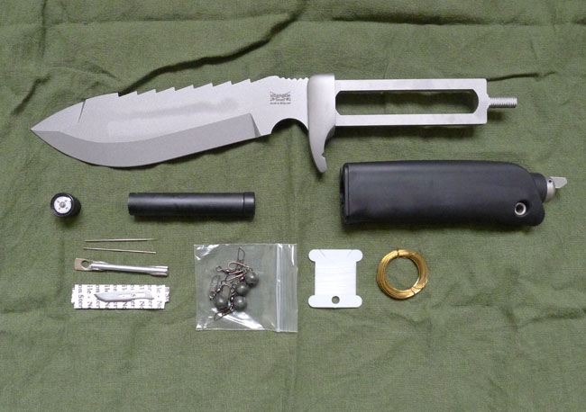 Expanded Dartmoor Knife CSK185 showing survival kit and cut-out tang.