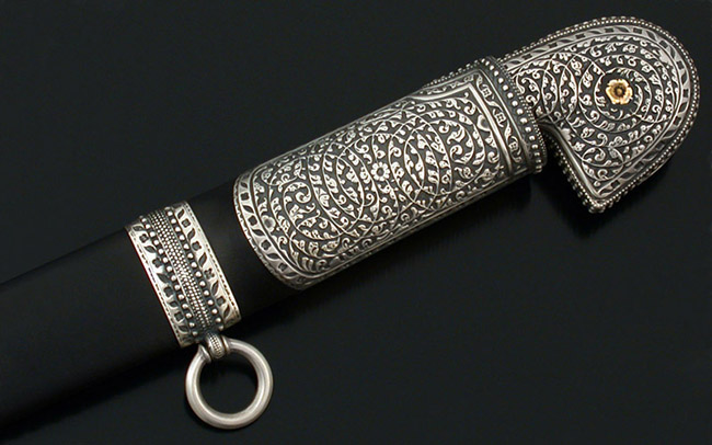 Exquisite detailing on the hilt of a Raven Armoury sword