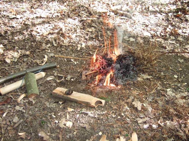 Successful friction firelighting on bushcraft course