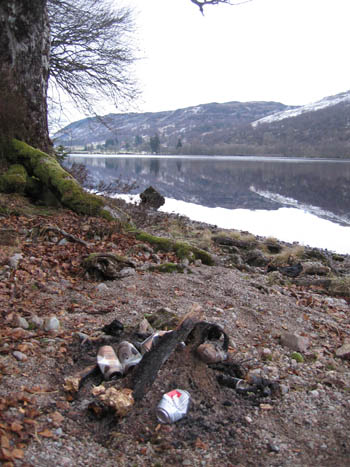 Campfire mess on the shore of Loch Lochy, Scotland. 