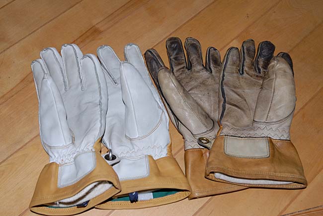Old well-worn Hestra Falt leather gloves versus new Hestra Falt leather finger gloves.