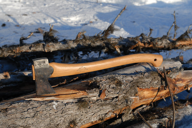 An axe in a log in the arctic forest