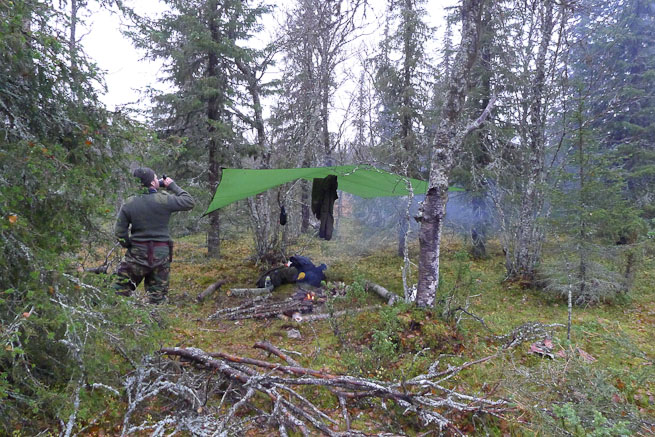 Hilleberg tarp set up in the boreal forest
