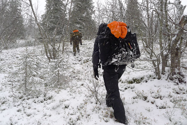 Men walking up a snowy hillside with some trees