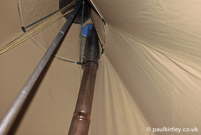 Inside of a tent tipi with chimney guard