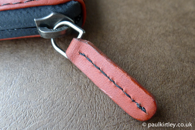 Bellroy leather wallet zipper pull tab tag detail