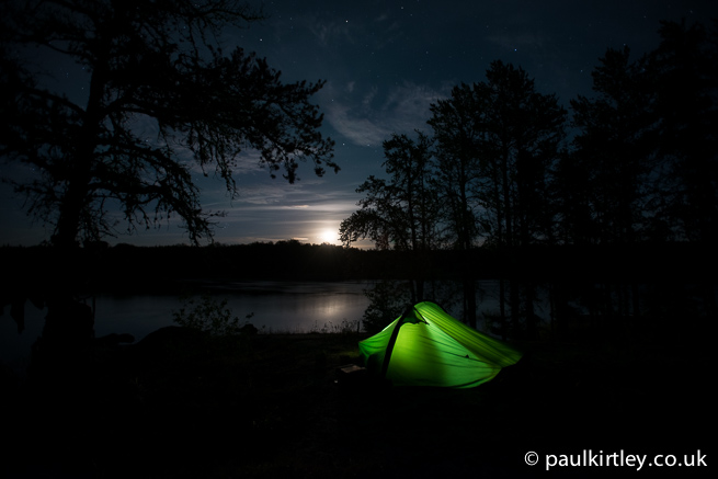 Moon rise over Hilleberg Akto tent on the Bloodvein River.