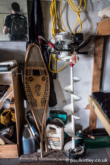 Snowshoes and ice auger