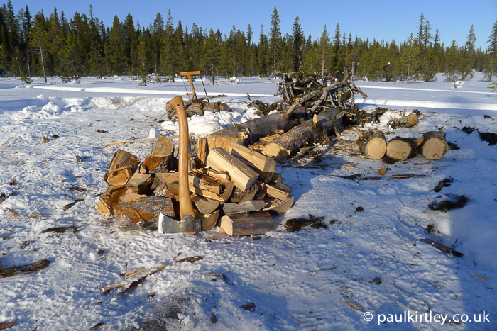 Axe and split wood on snow