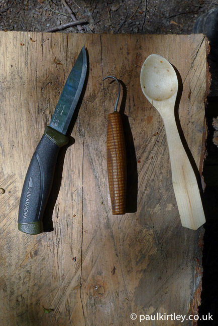 Mora knife, Svante Djarv spoon knife and wooden spoon