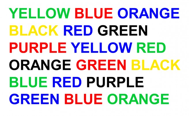 Names of colours written in ink of a different colour to the name
