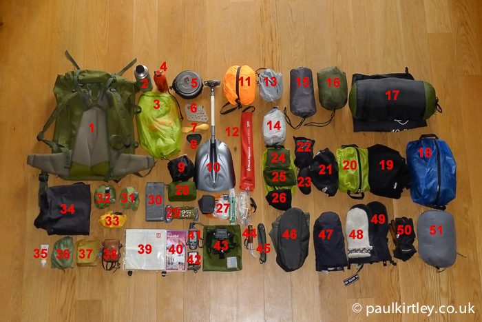 A photo of Paul Kirtley's ski touring equipment numbered for easy reference