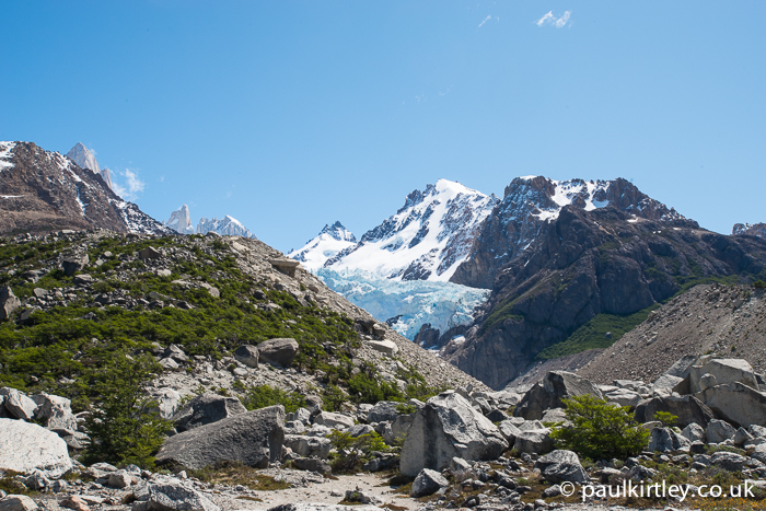 Glimpse of the Piedras Blancas glacier behind the moraine
