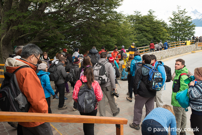 Throng of visitors outside the Perito Moreno visitor centre