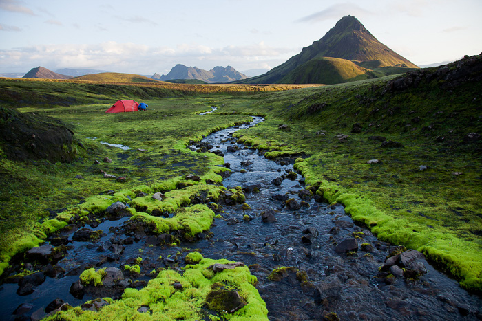 Red tent, green landscape in Iceland