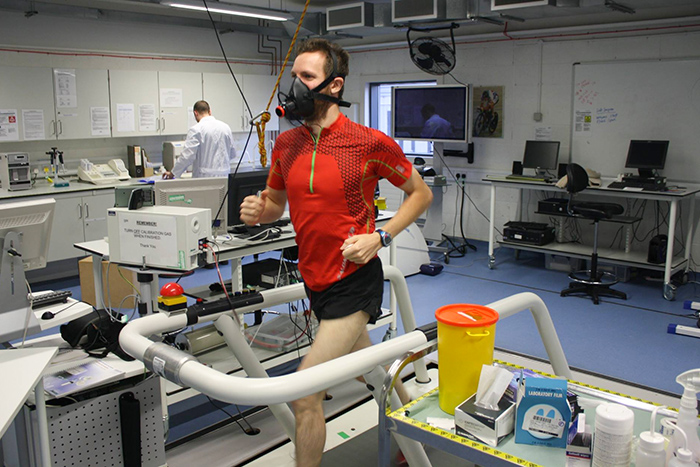 Mark Hines on treadmill with oxygen mask on