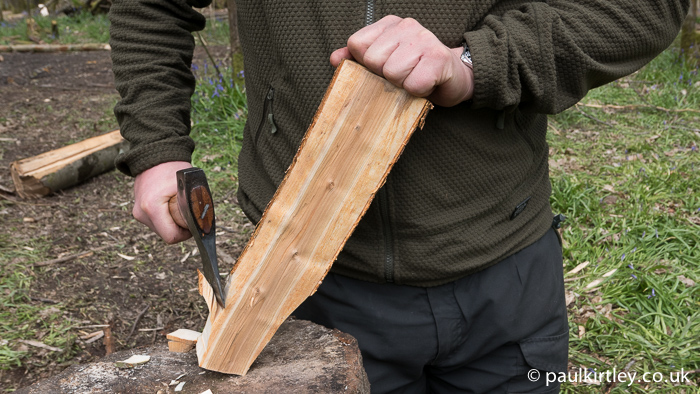 If you are carving, you have to keep hold of the piece you are working with the axe. There are a few rules to employ which will protect your hand.
