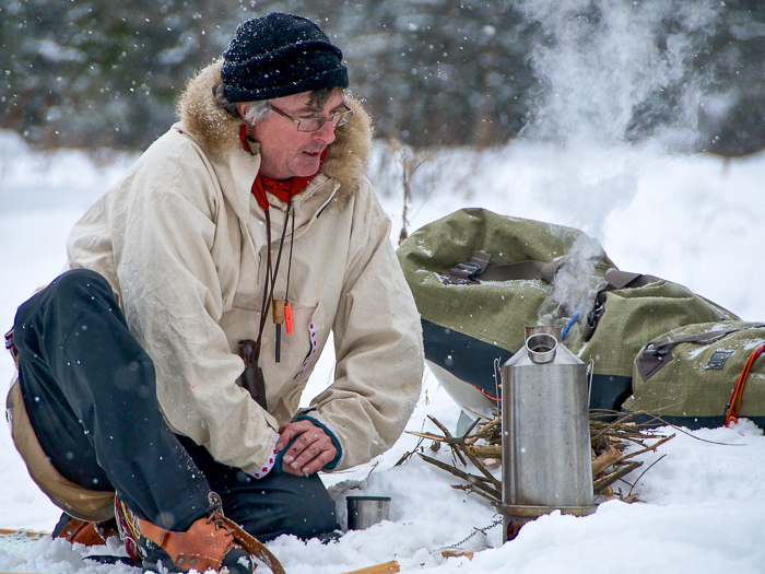 Kevin Callan on snowshoes with Kelly Kettle