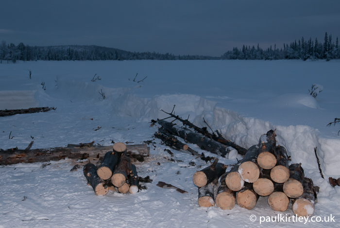 logs on snow in dusk