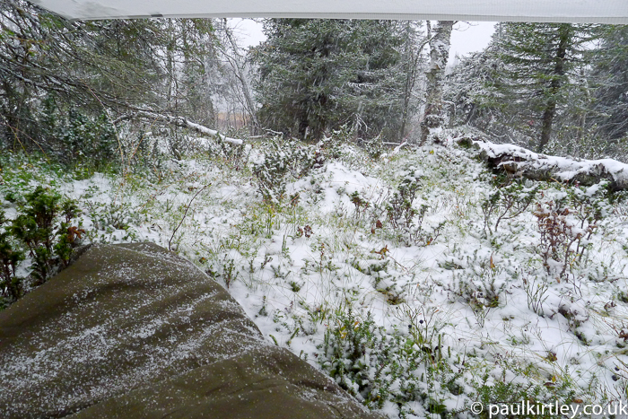 light dusting of snow on ground and bivvy bag