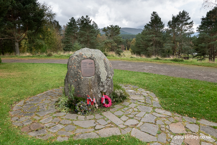 Memorial to Norwegian soldiers of Kompani Linge with Cairngorms in the background, near to Loch Morlich