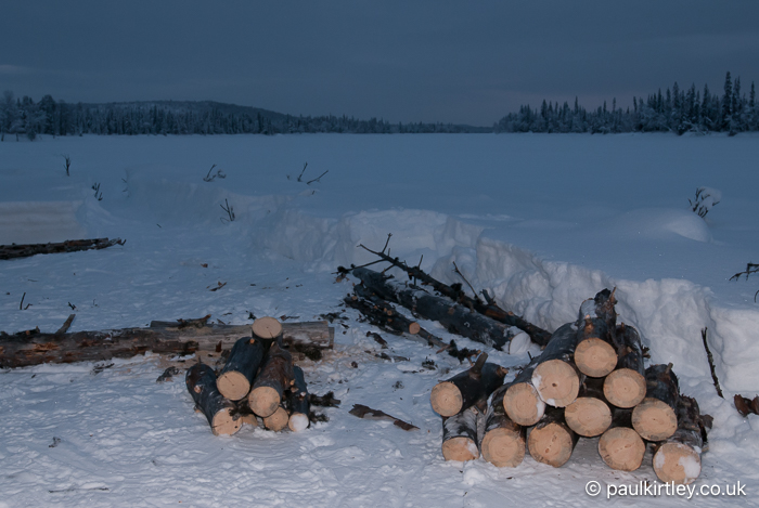 A neat stack of logs against a winter forest background at dusk.