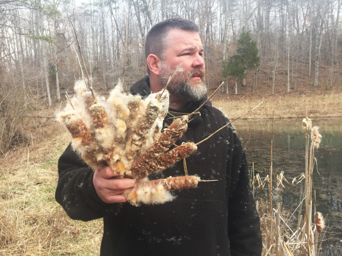 Man standing in winter environment with no snow holding a bunch of fluffy cat-tail seed heads