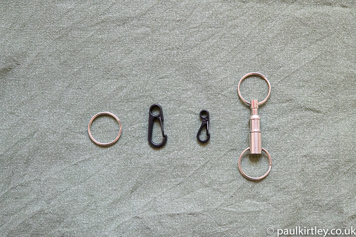 split ring, two mini karabiners and a push release key clip